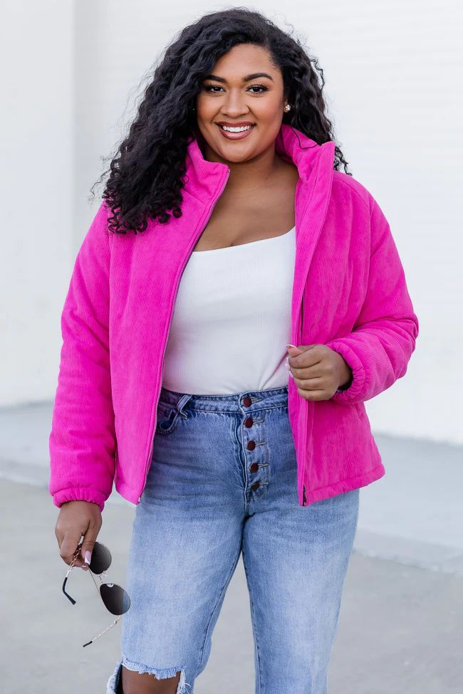 All On Your Own Hot Pink Corded Puffer Jacket | Pink Lily