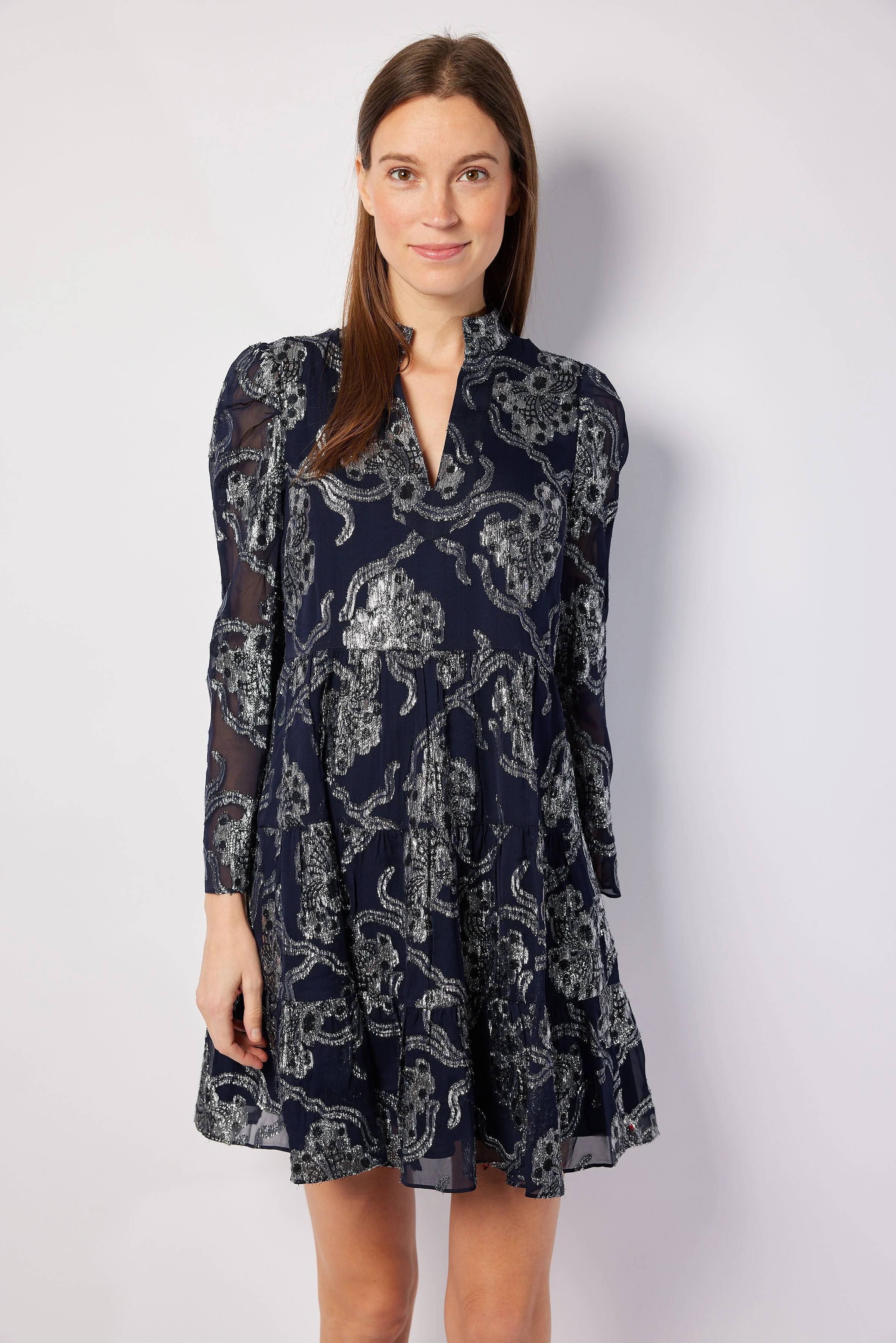 Navy Metallic Long Sleeve Tunic Flare Dress | Sail to Sable