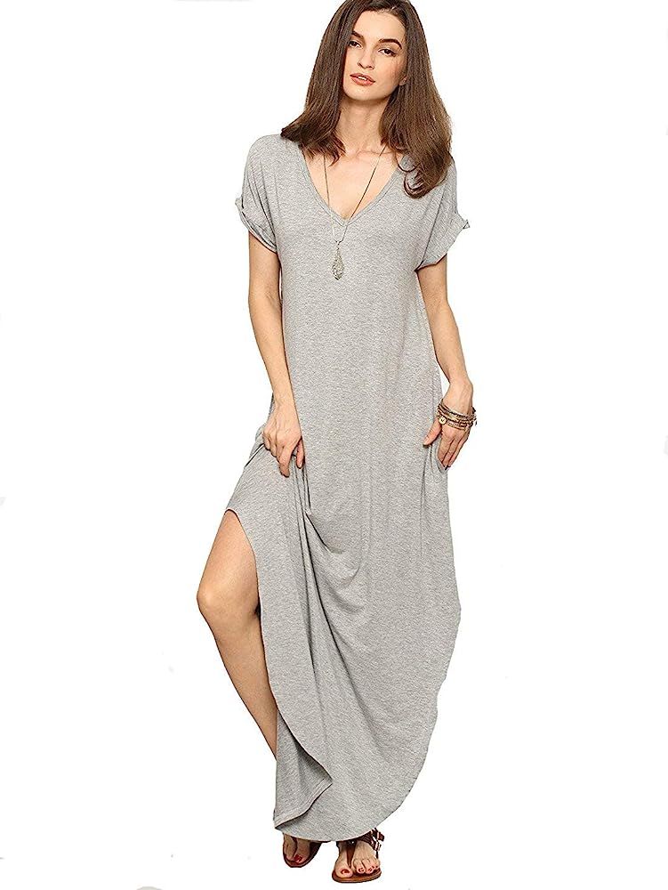 Verdusa Women's V Neck Side Pockets Split Hem Beach Long Maxi Dress | Amazon (US)