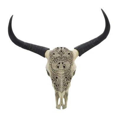 Resin Bull Skull Wall Decor with Intricate Carved Detailing - 28" Faux Taxidermy Longhorn Head Sculpture in Ivory and Black for Rustic, Western, and B | Wayfair North America