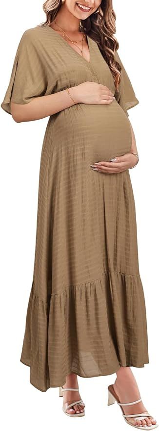 STYLEWORD Women's Summer Maternity Maxi Dress Casual Short Flutter Sleeve V Neck Baby Shower Flow... | Amazon (US)