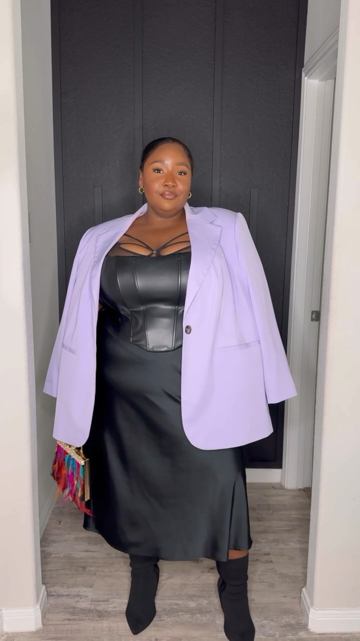 Transitional season date night outfit idea. Use code “ASHLEYXSPANX” for the shaper to get 15% off + free shipping !

Plus size style. Plus size fashion. All black. Faux leather. Satin skirt. Booties. Blazer style. Fall style. Date night outfit idea. 

#LTKStyleTip #LTKPlusSize