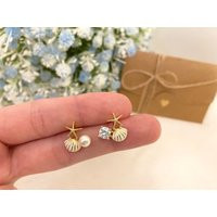 Pearl Crystal Seashell Shell Starfish Mermaid 925 Sterling Silver Stud Earring, Cute Clip On Ocean Sea Lover Gift, Sailor Earrings | Etsy (US)