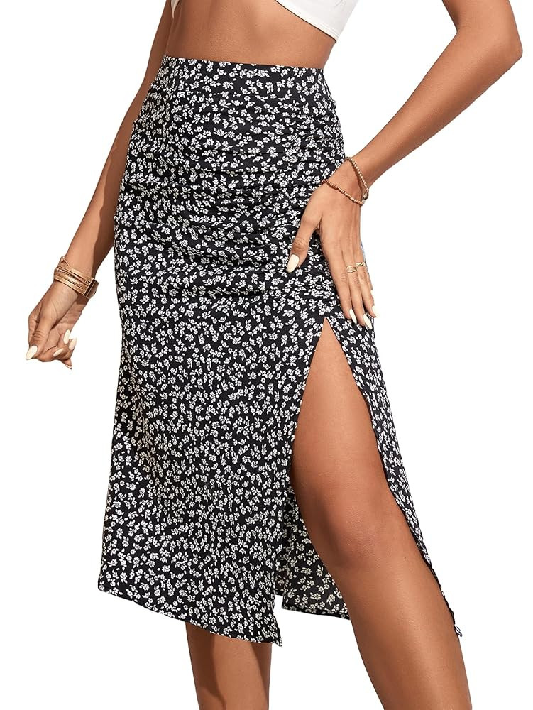 OYOANGLE Women's Boho Floral Print High Waisted A Line Split Thigh Summer Midi Skirt | Amazon (US)