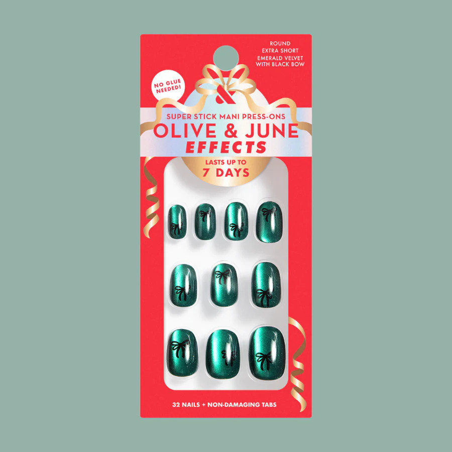 Emerald Velvet with Black Bow - Tab Press-On | Extra Short | Round | Olive & June