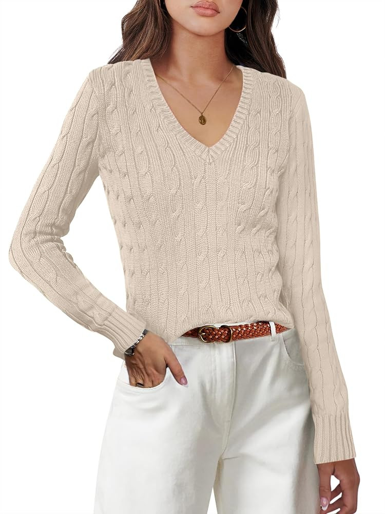 ANRABESS Women's Long Sleeve V Neck Cable Knit Sweater Jumper 2024 Fall Pullover Top Cute Soft La... | Amazon (US)
