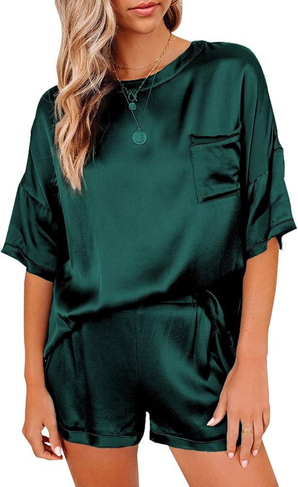 LYANER Women's Satin Silky Pajama Set Short Sleeve T-shirt With Shorts Set PJ Loungewear | Amazon (US)