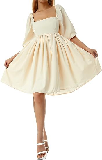 Women Cute Puffy Dress Lantern Bell Sleeve Square Neck Mesh Ruffle Bubble Princess Mini Dress Eve... | Amazon (US)