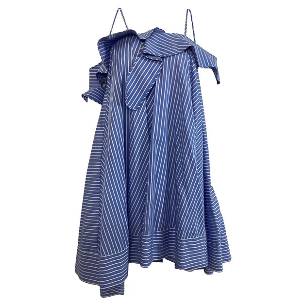 MSGM Striped Asymmetrical Mini Off-Shoulder Dress in Blue Cotton | Shop Simon