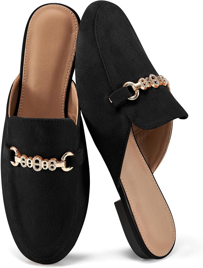 Womens Mules Buckle Flats: Classic Suede Slip On Shoes Dressy Closed Toe Backless Slides Loafers ... | Amazon (US)