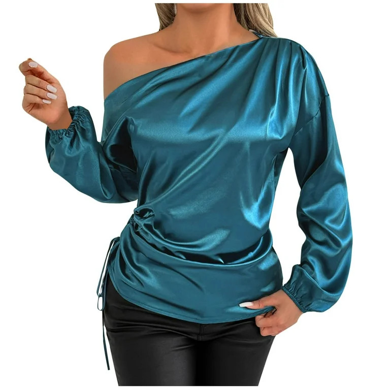 Lenpel Women's Satin Tops off One Shoulder Lantern Long Sleeve Asymmetrical Neck Ruched Dressy Bl... | Walmart (US)