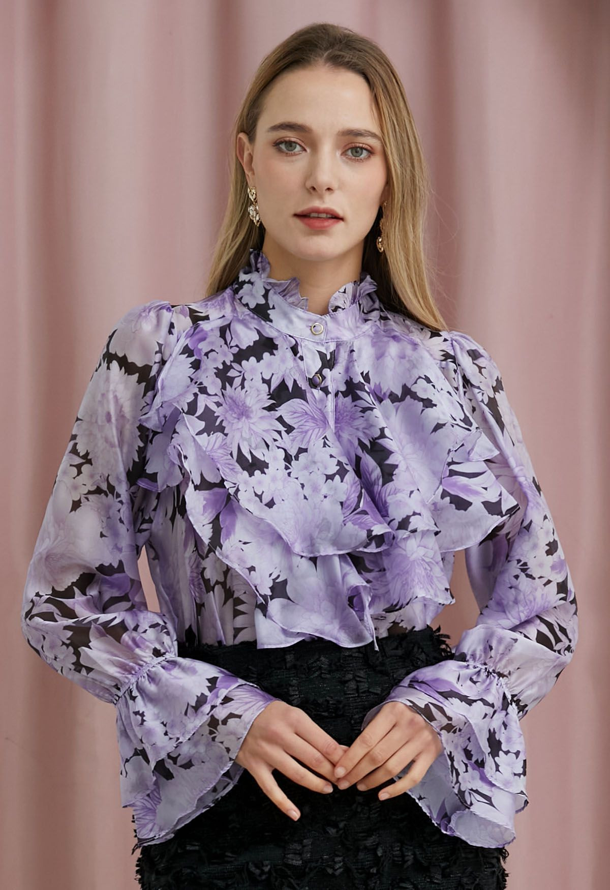 Floral Whimsy Tiered Ruffle Buttoned Shirt | Chicwish