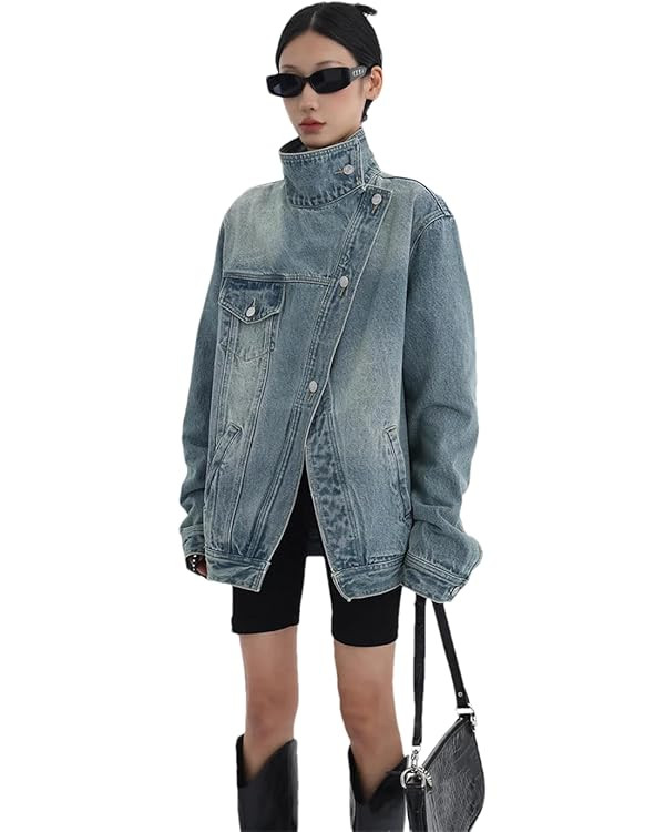 Vsadsau Women's Denim Jacket Mock Neck Buttons Long Sleeve Splicing Casual Buttons Jean Coat | Amazon (US)