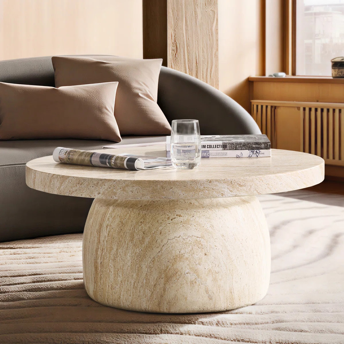 Watterson Andolise Modern 31.5"W Faux Travertine Simple Assembly Round Coffee Table | Joss & Main