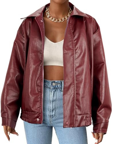 Faux Leather Jacket Women Brown Pleather Bomber Jacket Oversized Leather Blazer Motorcycle Jacket Biker Jacket Winter Coat Wine Red XL | Amazon (US)