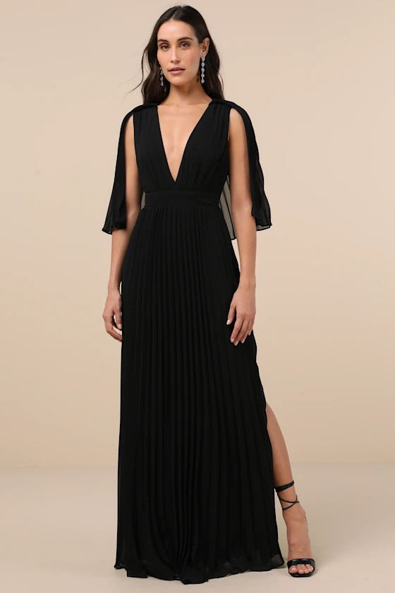 Majestic Aura Black Pleated Cape Maxi Dress | Lulus