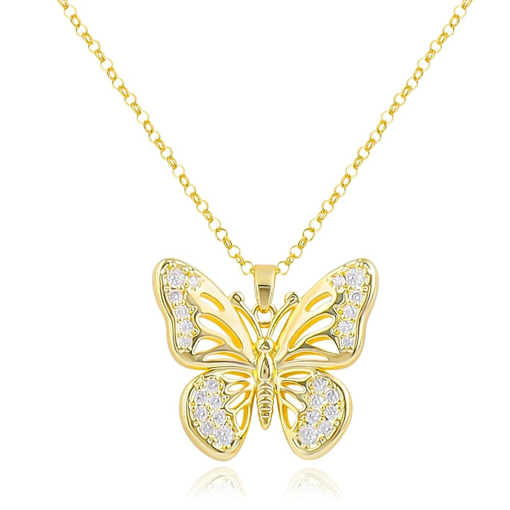 MOONWALTZ Gold Butterfly Necklace for Women 14K Gold Plated Hollow Butterfly Pendant Necklace Cub... | Amazon (US)