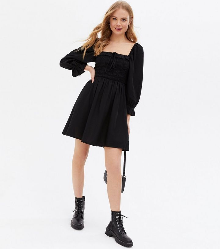 Black Shirred Frill Square Neck Mini Dress
						
						Add to Saved Items
						Remove from Save... | New Look (UK)