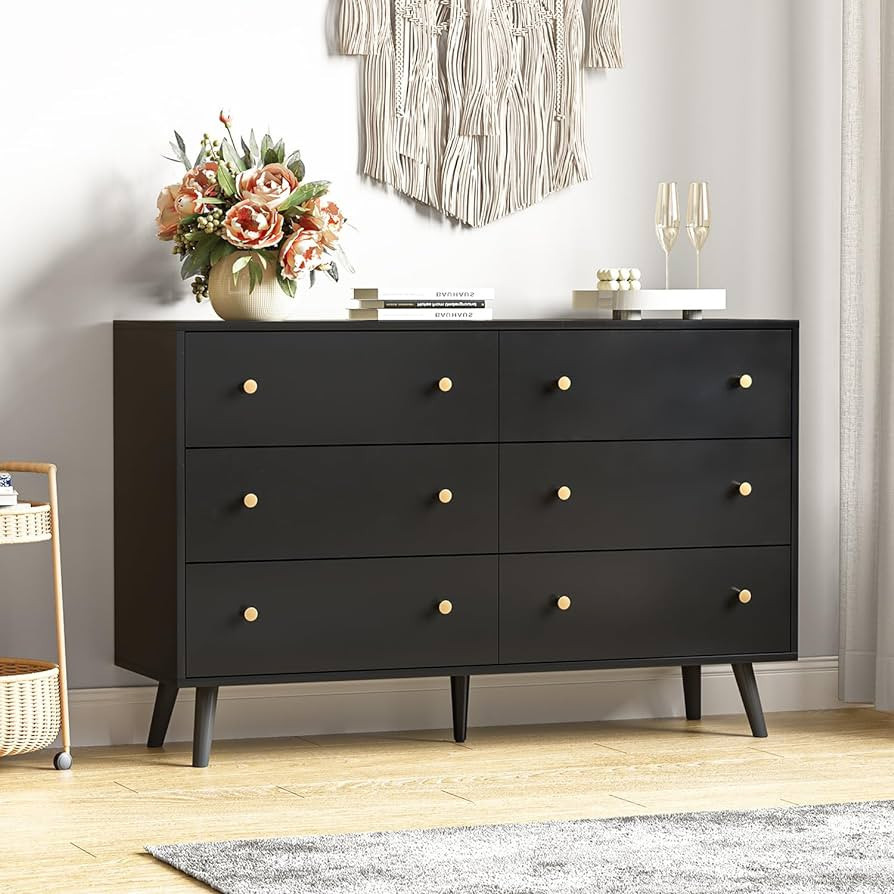 HOUROM Black Dresser, Modern 6 Drawer Double Dressers, Wood Chest of Drawers for Living Room, Hal... | Amazon (US)