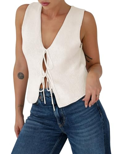 Yousify Womens Sweater Vests Tie Front Knit Vest Summer Ribbed Tank Tops Y2k Cute Vests Fashion C... | Amazon (US)