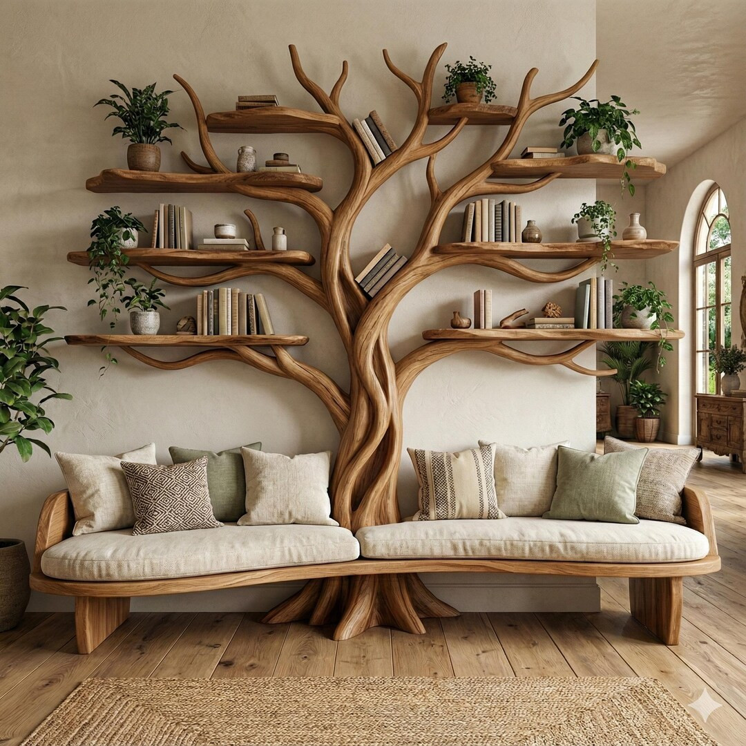 Handcrafted Tree Bookshelf With Corner Bench – Natural Wood Reading Nook for Kids - Etsy | Etsy (US)