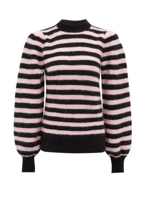 Ganni - Striped Balloon-sleeve Wool-blend Sweater - Womens - Black Pink | Matches (US)