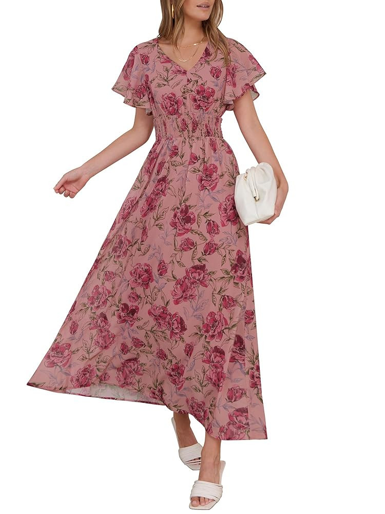 ANRABESS Womens Summer Floral Maxi Dress Casual V Neck Short Sleeve Chiffon Boho Flowy Beach 2025... | Amazon (US)