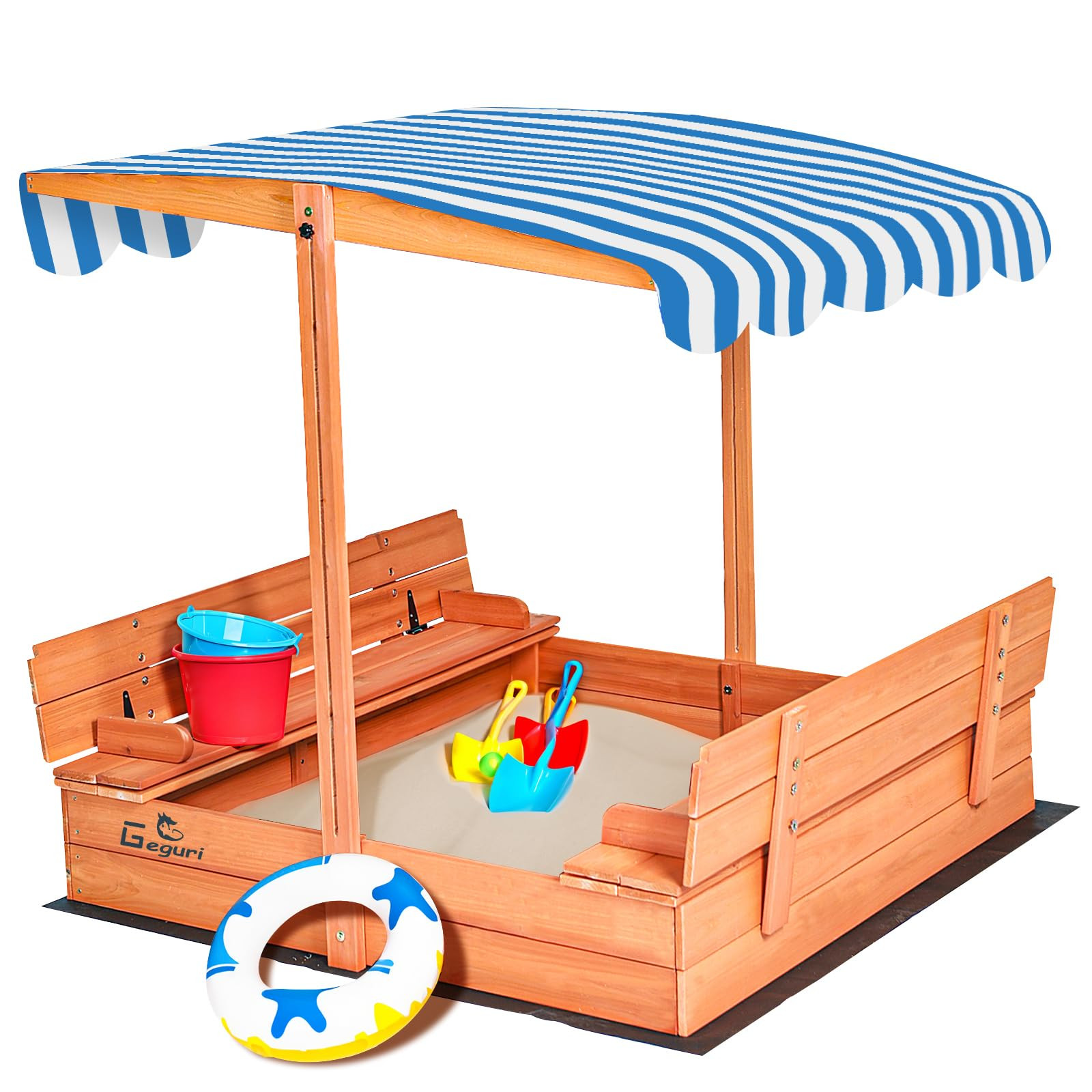 Kids Wooden Sandbox with Cover, Foldable Bench Seats, Retractable Roof, Outdoor Playset, Large Sa... | Amazon (US)