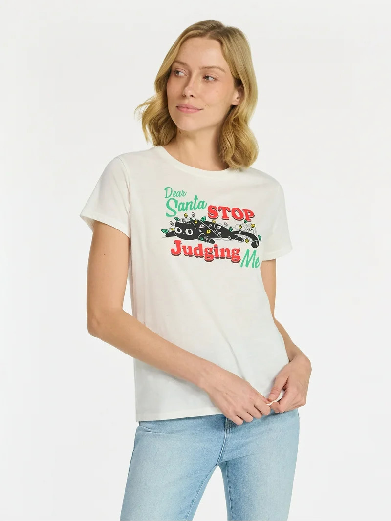Christmas Women's Stop Judging Santa Graphic Tee with Short Sleeves, Sizes XXS-XXL | Walmart (US)