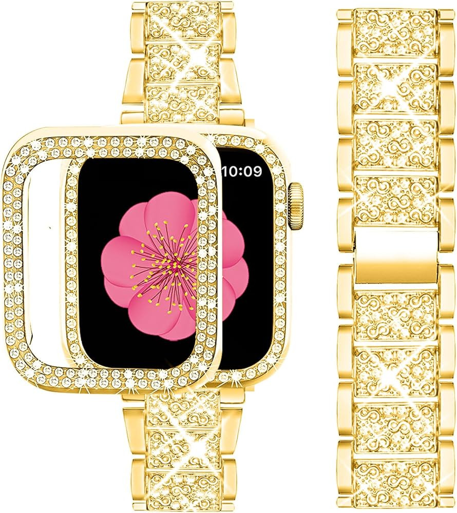 SUPOIX Compatible with Apple Watch Band 45mm + Case, Women Jewelry Bling Diamond Metal Bands & 2 ... | Amazon (US)