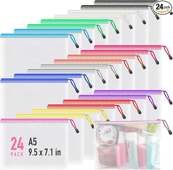 Umriox 24 Pack 12 Colors Small Zipper Pouch, 9.5" x 7.1"/A5 Size Mesh Bags with Zipper, Zipper Ba... | Amazon (US)