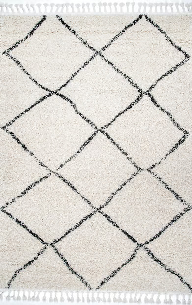 Off White Moroccan Lattice Tassel Area Rug | Rugs USA