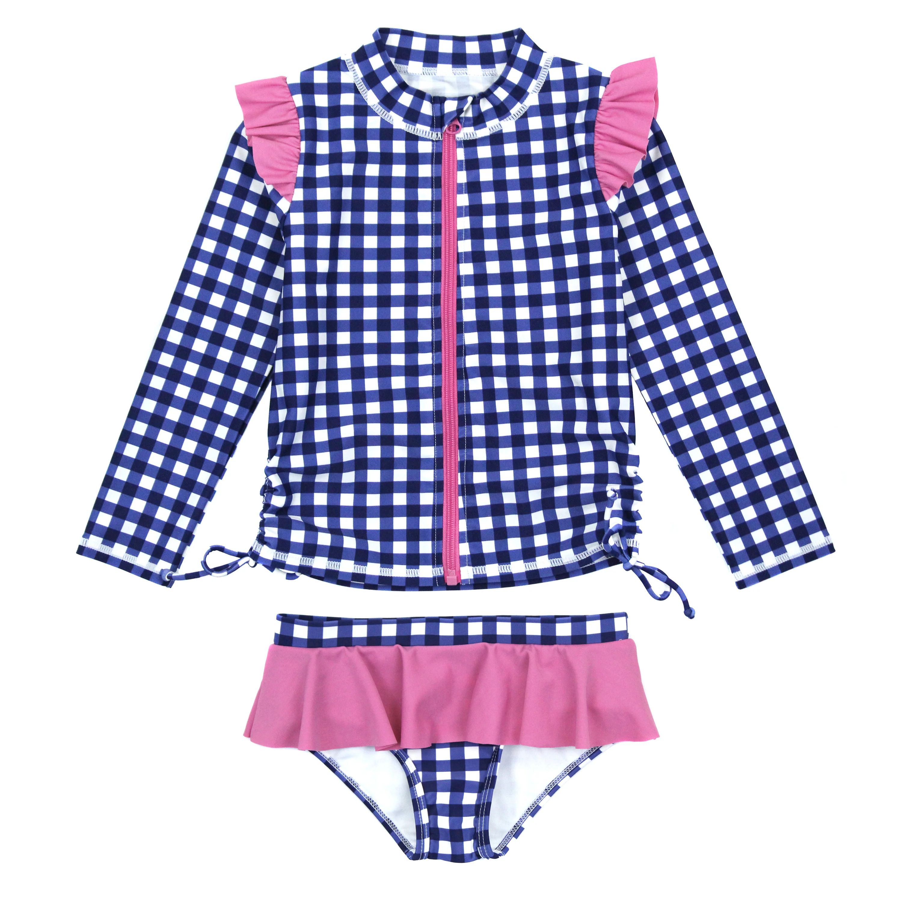 Girls Long Sleeve Rash Guard Ruffle Bottom Swimsuit Set (2 Piece) | "Navy Gingham" | SwimZip