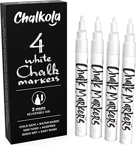 White Chalk Markers Fine Tip (4 Pack 3mm) - Wet & Dry Erase Chalk Pens for Blackboard, Chalkboard... | Amazon (US)