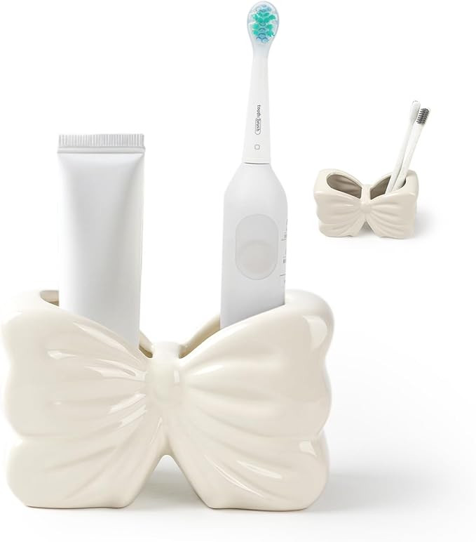 Bow Toothbrush Holder, White Ceramic Multi-Purpose 2-Section Organizer for Bathroom, Kitchen, Bed... | Amazon (US)