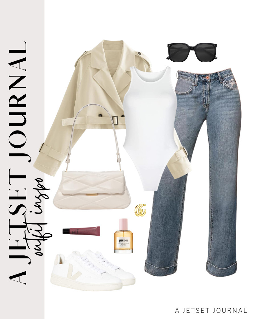 For your first outfit, wear a white bodysuit and KUNMI high-waisted jeans, then layer it with this cropped trench coat with a belt. You can wear a pair of Veja V-12 sneakers that complement this fit. A Kate Spade shoulder bag can be a good addition to this look. 

 #LTKSeasonal #LTKSaleAlert #LTKTravel