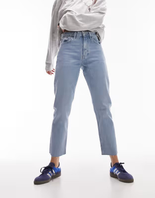 Topshop mid rise straight jeans with raw hem in bleach | ASOS (Global)