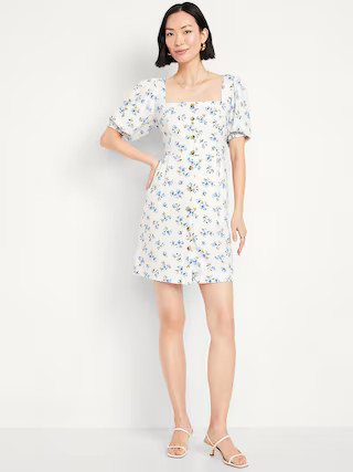 Puff-Sleeve Linen-Blend Mini Dress | Old Navy (US)