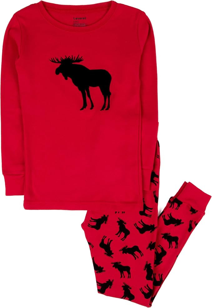 Leveret Kids Christmas Pajamas Boys Girls & Toddler Pajamas Moose Reindeer 2 Piece Pjs Set 100% C... | Amazon (US)