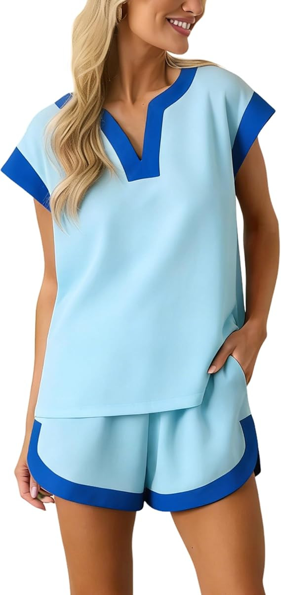 Gozoloma Women's V-Neck Color Block Short Set Short Sleeve T-Shirt and Shorts with Pockets Casual... | Amazon (US)