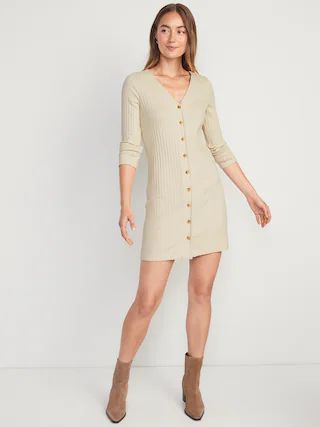 Long-Sleeve Rib-Knit Button-Front Mini Shift Dress for Women | Old Navy (US)