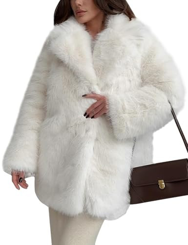 Flygo Womens Long Faux Fur Coats Fluffy Faux Fur Jacket Long Sleeve Lapel Furry Coats Fuzzy Winter Jacket(White-S) | Amazon (US)