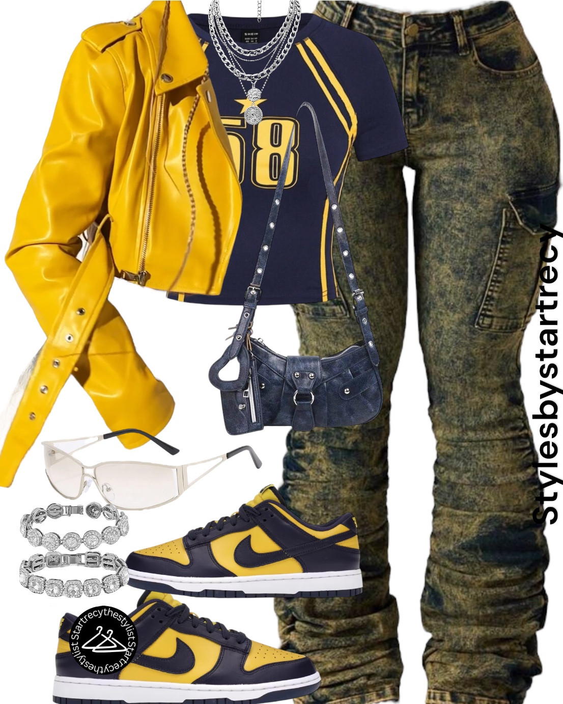 Hat: hat heaven - New York Yankees Light Navy Denim 1958 World Series New Era 9Forty Snapback

Jacket : fashionnova-High Road Denim Jacket - Dark Wash