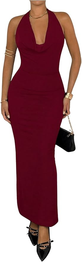 Milumia Women's Mesh Floral Open Back Deep V Neck Halter Maxi Long Dress | Amazon (US)