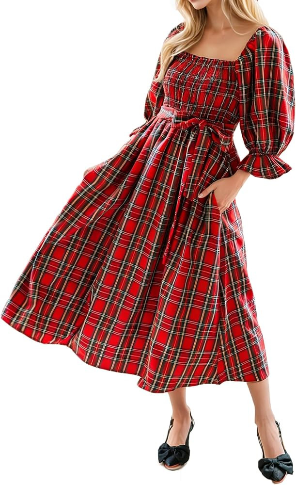 Wolddress Womens Casual Dresses Red Tartan Plaid Square Neck Puff Sleeve Knot Waist Flared Midi D... | Amazon (US)