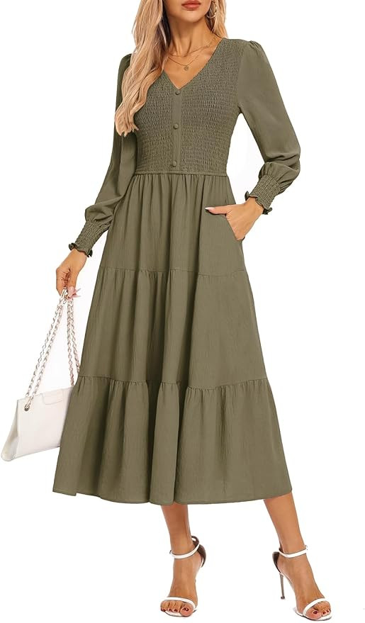 Kate Kasin Womens Long Sleeve Mixi Dress, Smocked Work Dress with Pockets, Elegant Fall Dresses 2... | Amazon (US)