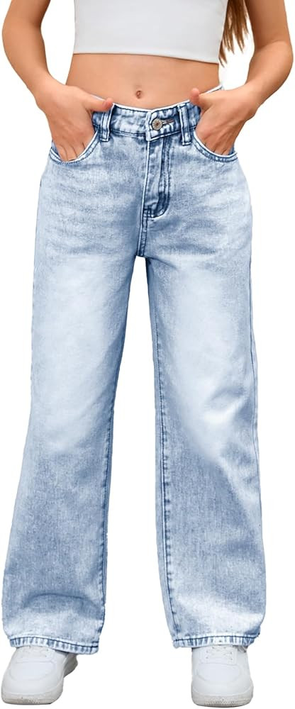 MakeMeChic Girl's Denim Pants High Waisted Straight Leg Jeans with Pockets | Amazon (US)