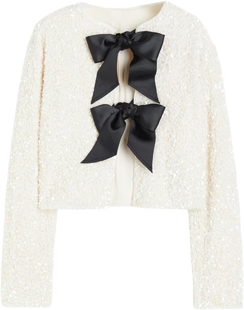 Women's Casual Sequin Jackets Bow Coats Sparkling Holiday Party Y2k Cropped Tops | Amazon (US)