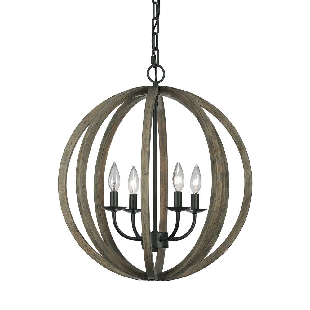 Feiss Allier 20.5 in. W 4-Light Weathered Oak Wood/Antique Forged Iron Orb Chandelier-F2935/4WOW/... | The Home Depot