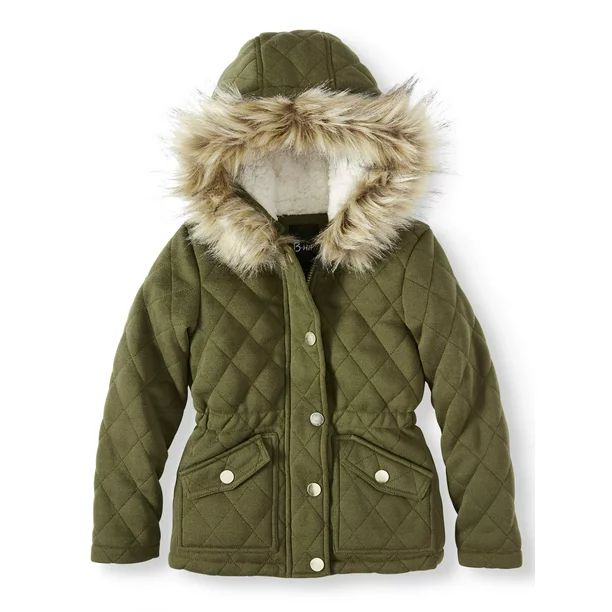 Bhip Girls Quilted Fleece Jacket with Hood and Removable Fur Trim, Sizes 4-12 | Walmart (US)